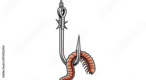 Detailed Illustration of a Fishing Hook with a Worm Bait.
