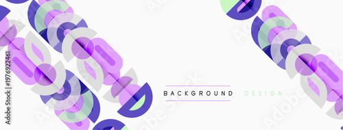 Abstract geometric pattern. Purple, blue shapes overlap creating dynamic visual effect. Minimalist design with text elements.