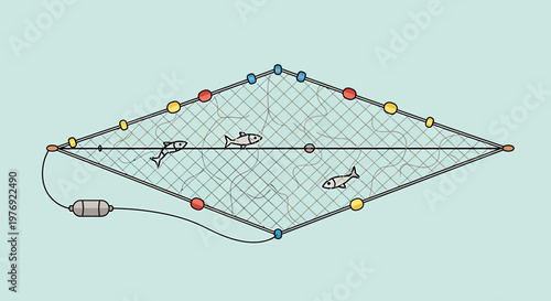 Detailed Illustration of a Fishing Net with Fish Caught Inside.