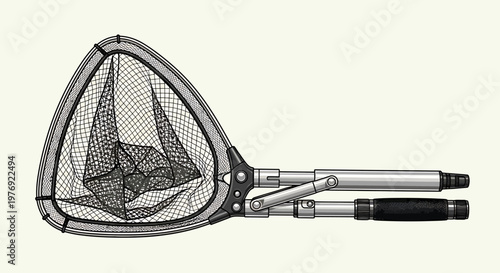 Detailed Illustration of a Fishing Net with a Telescopic Handle.