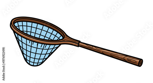 Detailed Illustration of a Fishing Net with Wooden Handle.