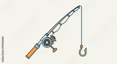 Detailed illustration of a fishing rod with a hook ready to catch fish.