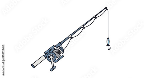 Detailed illustration of a fishing rod with a hook ready to catch fish.