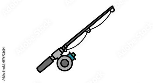 Detailed illustration of a fishing rod with a reel and line.