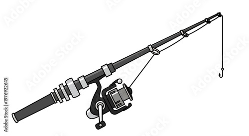 Detailed Illustration of a Fishing Rod with Reel and Hook.