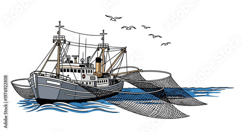 Detailed illustration of a fishing trawler with nets in the ocean.