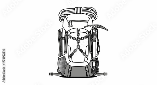 Detailed Illustration of a Hiking Backpack with Climbing Gear.