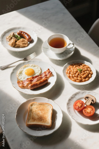 Classic English Breakfast with Tea on Marble Table