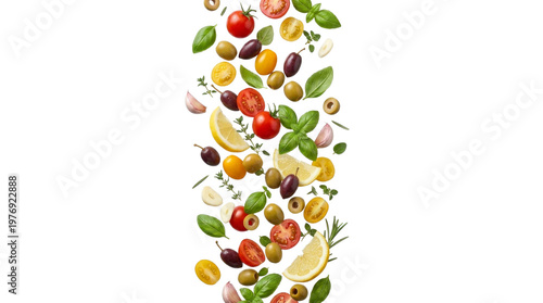 Fresh food ingredients falling isolated on white background