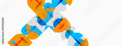 Abstract geometric shapes overlap, creating dynamic composition. Orange, blue, gray tones dominate white background. Modern design element.
