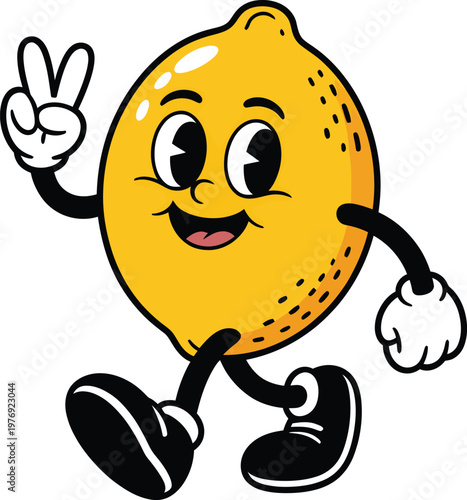 Cartoon lemon character making a peace sign gesture