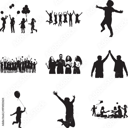 Black silhouette collection of people celebrating, jumping, and having fun msea set
