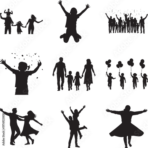 Black silhouettes of families, children, and couples celebrating and playing msea set