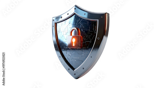 A shiny metal shield with a glowing orange lock on a transparent background