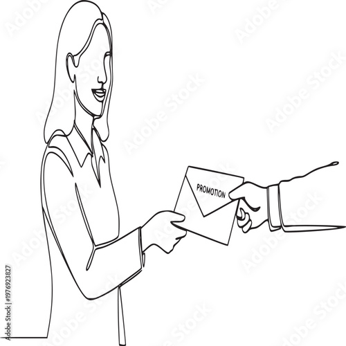 Professional woman presenting promotion flyer in office environment with confident smile