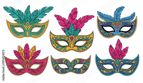 Cartoon Venetian carnival masks groovy hippie masquerade vector set festive decorative designs