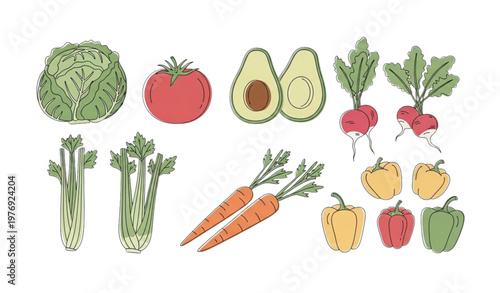 Cute doodle vegetable collection cartoon farm produce healthy food vector illustration