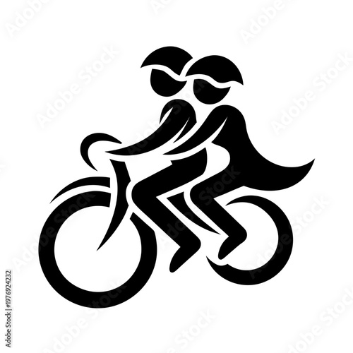Black vector illustration of couple riding bicycle, tandem bike, cycling lovers, romantic transportation icon
