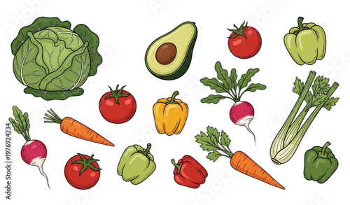 Cartoon garden vegetables doodle style organic farm food sticker vector collection