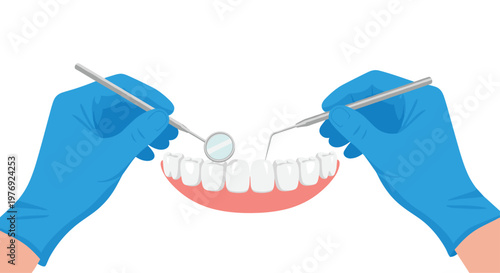 Two hands wearing blue latex gloves hold a dental mirror and a probe to carefully examine a set of white teeth in a bright and clean clinical environment.
