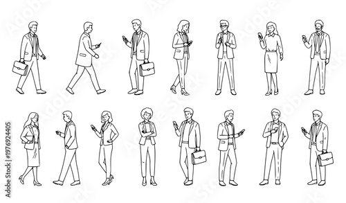 Black and white doodle business people vector set multicultural office characters full length illustration