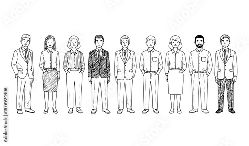 Multicultural business people doodle vector set full length office workers black and white illustration