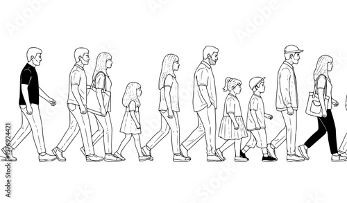 Continuous walking people doodle vector crowd sequence men women teenagers outline illustration
