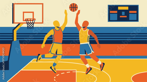 Two basketball players jumping for the ball on a court, minimalist flat design