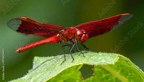 Vibrant close-up of an insect with large, crimson wings and a segmented body perched on a textured green leaf. Green background