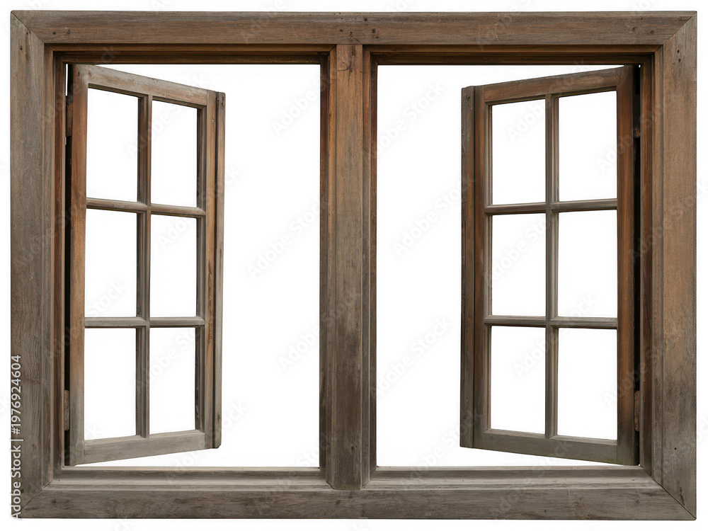Fototapeta premium Old wooden window frame with two open casements isolated on a white background isolated on a transparent background