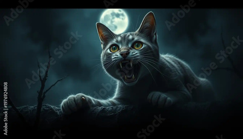 An intense grey cat with glowing eyes hisses while showing sharp teeth in a predatory stance