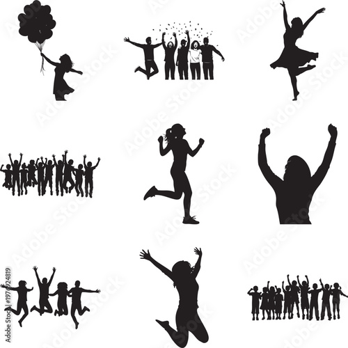 Collection of black silhouettes featuring people jumping and celebrating msea set
