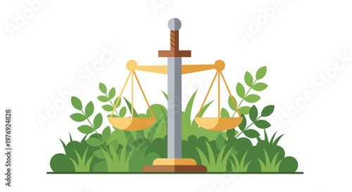 A polished metallic scale of justice stands firmly amidst a lush green garden filled with vibrant leaves and grass on a clean and bright light background.
