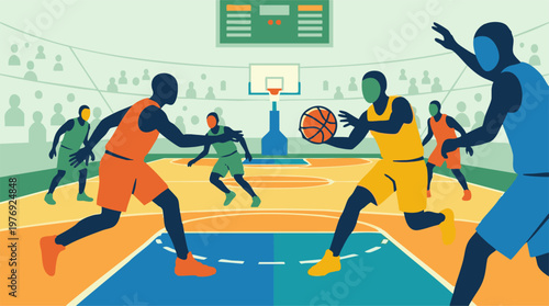Dynamic illustration of a basketball game with players on the court