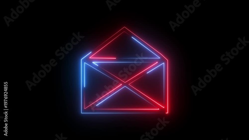 Neon envelope mail icon with red and blue glow on dark background, email communication concept animation.