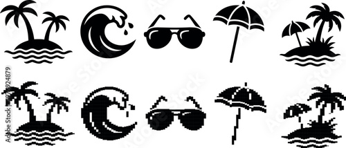 Black silhouette icons depicting summer vacation elements on transparent background