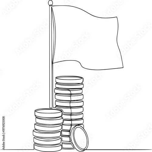White flag waving on stack of coins symbolizing financial growth or investment concept