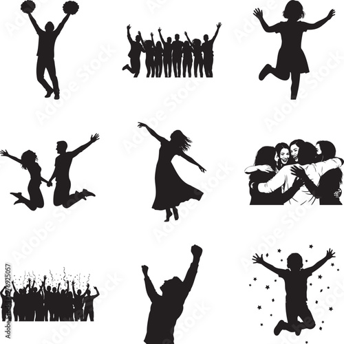Set of black silhouettes featuring people celebrating, jumping, and dancing msea set