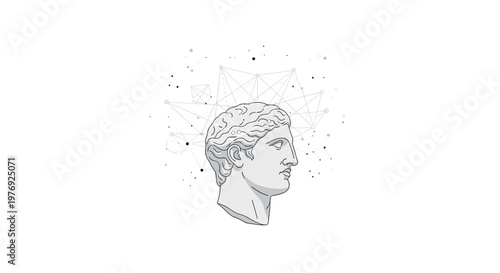 A classical Roman marble bust sculpture is surrounded by a complex digital network of thin lines and dots on a crisp and minimalist bright white background.