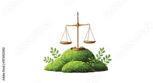 A delicate golden scale of justice rests gracefully upon a soft mossy green hill adorned with fresh leaves on a crisp and minimalist bright white background.
