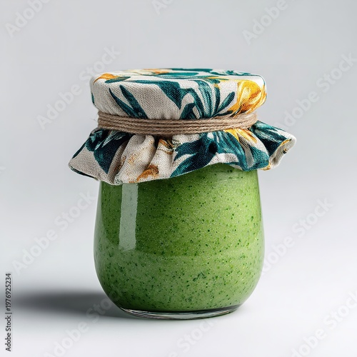 Green smoothie jar with floral fabric cover artisanal homemade food rustic packaging lifestyle design inspiration