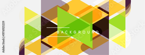 Abstract geometric shapes overlap. Colors include yellow, green, brown, purple. Design features lines, triangles, rectangles. Modern aesthetic.