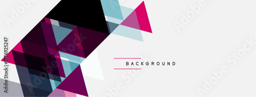 Abstract geometric shapes overlap, creating dynamic composition. Pink, blue, purple hues dominate white space. Modern design element.