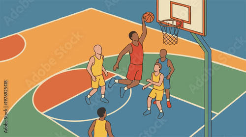 Dynamic isometric illustration of basketball players dunking on a vibrant court