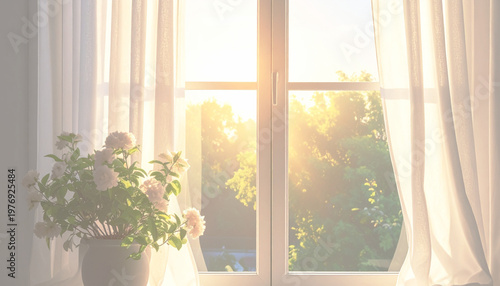 爽やかな太陽の光が射しこむ窓辺（花瓶のあるイメージカット）