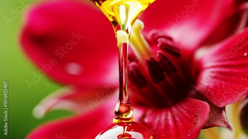 Extreme macro of golden honey dripping slowly onto a vibrant red flower