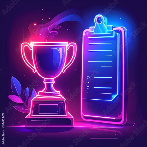 A neon-lit trophy and clipboard, with pink and blue glowing outlines, representing success and data. A hand reaches towards the trophy