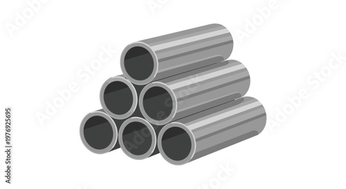 A sturdy pyramid stack of six industrial grey steel pipes rests firmly on a clean white surface showcasing a minimalist and precise engineering design.
