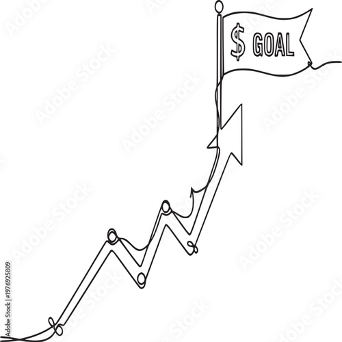 Hand-drawn upward business growth arrow reaching dollar sign goal target illustration