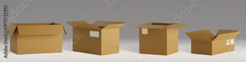 3D realistic cardboard box set with open delivery parcels, vector set isoleted on transparent background. Brown packages with tape for shipping, transport and express courier services.